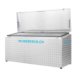 Workerbox Alu-Riffelblech WOBO140CS,
Deckel schräg, nach oben öffnend, Aussenabmessungen in mm:
B=1400, T=670, H1=850, H2=750,
Nutzlast 270 Kg, Gewicht 43 Kg