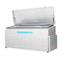 Workerbox Alu-Riffelblech WOBO185CST,
Deckel schräg, nach oben öffnend,mit seitlicher Türe rechts, Aussenabmessungen in mm:
B=1850, T=670, H1=850, H2=750,
Nutzlast 270 Kg, Gewicht 58 Kg.